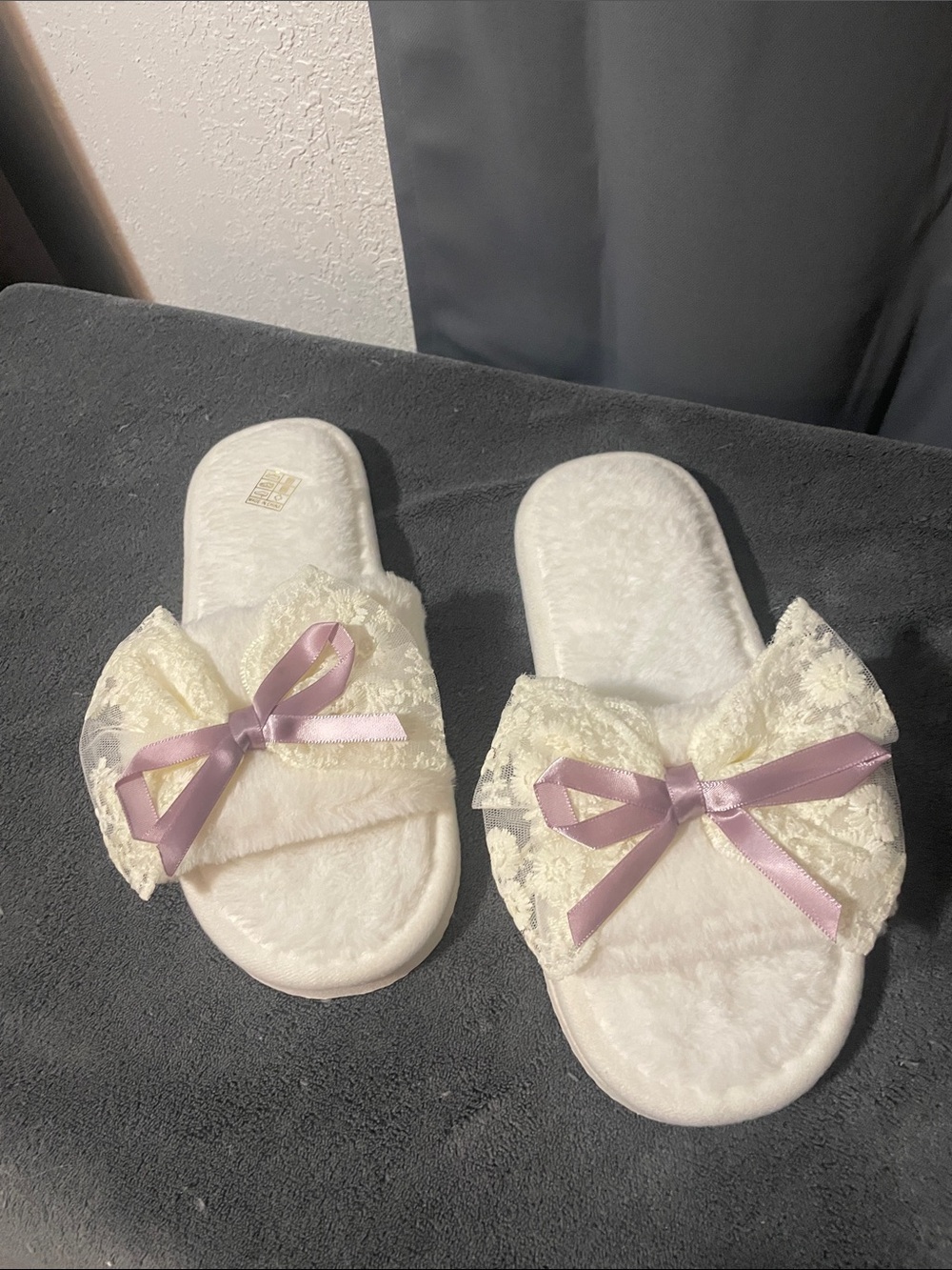 Ivory Lace Slide Slippers with Purple Satin Bow